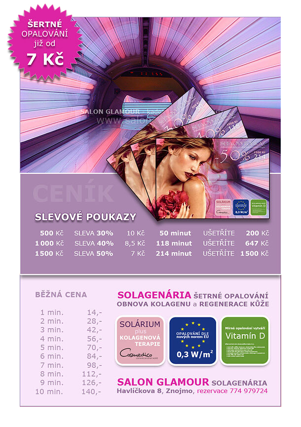 CENÍK SOLAGENÁRIA - šetrné a bezpečné opalování v kolagenovém soláriu již do 7,-Kč/min.